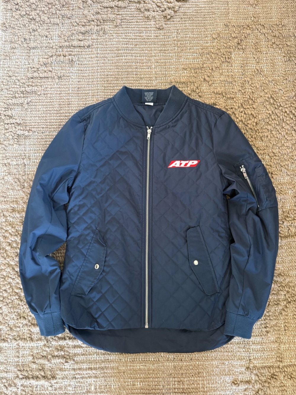 Charles River Apparel Navy Quilted Bomber Jacket with ATP Flight School Insignia